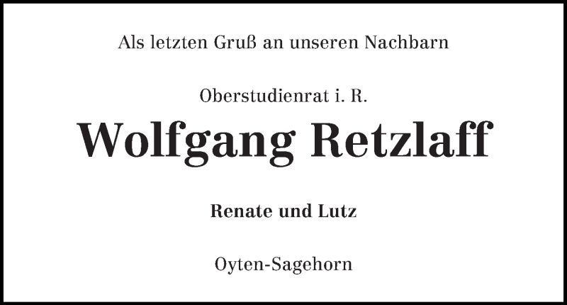  Traueranzeige für Wolfgang Retzlaff vom 19.02.2020 aus Achimer Kurier/Verdener Nachrichten
