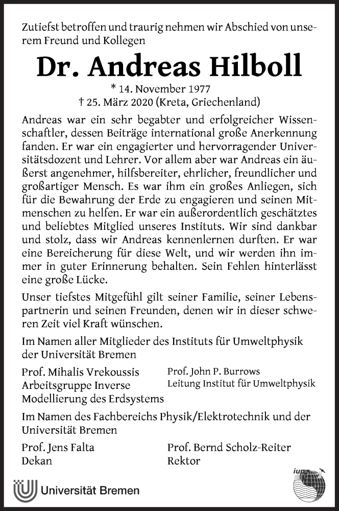 Traueranzeige für Andreas Hilboll vom 31.03.2020 aus WESER-KURIER