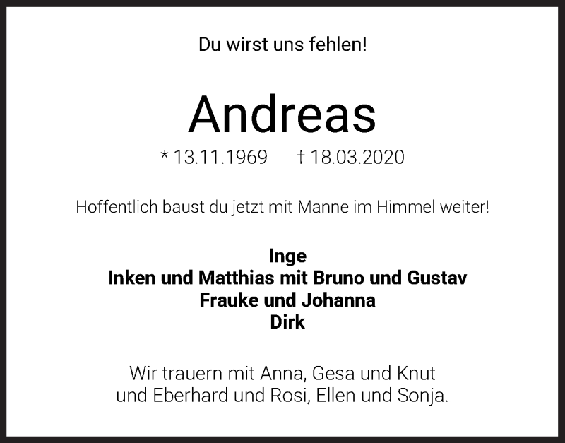  Traueranzeige für Andreas Löffler vom 28.03.2020 aus WESER-KURIER