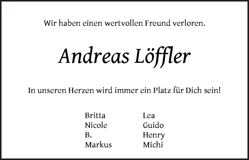  Traueranzeige für Andreas Löffler vom 28.03.2020 aus Osterholzer Kreisblatt