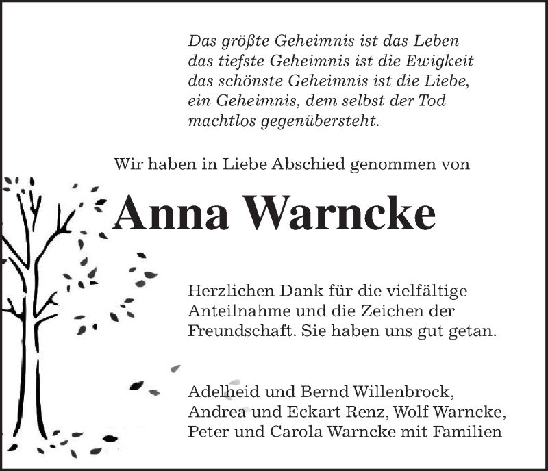 Traueranzeige von Anna Warncke von Wuemme Zeitung