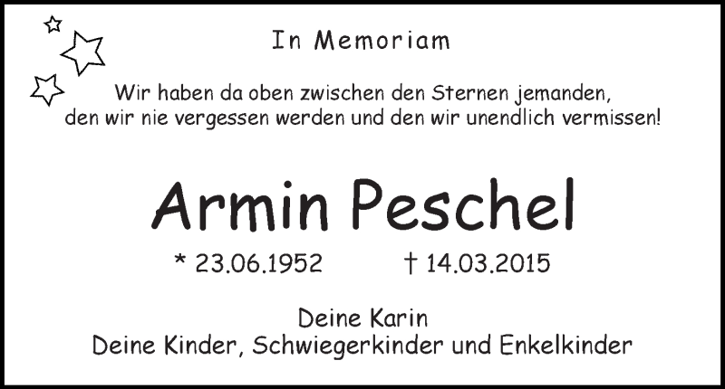  Traueranzeige für Armin Peschel vom 14.03.2020 aus WESER-KURIER