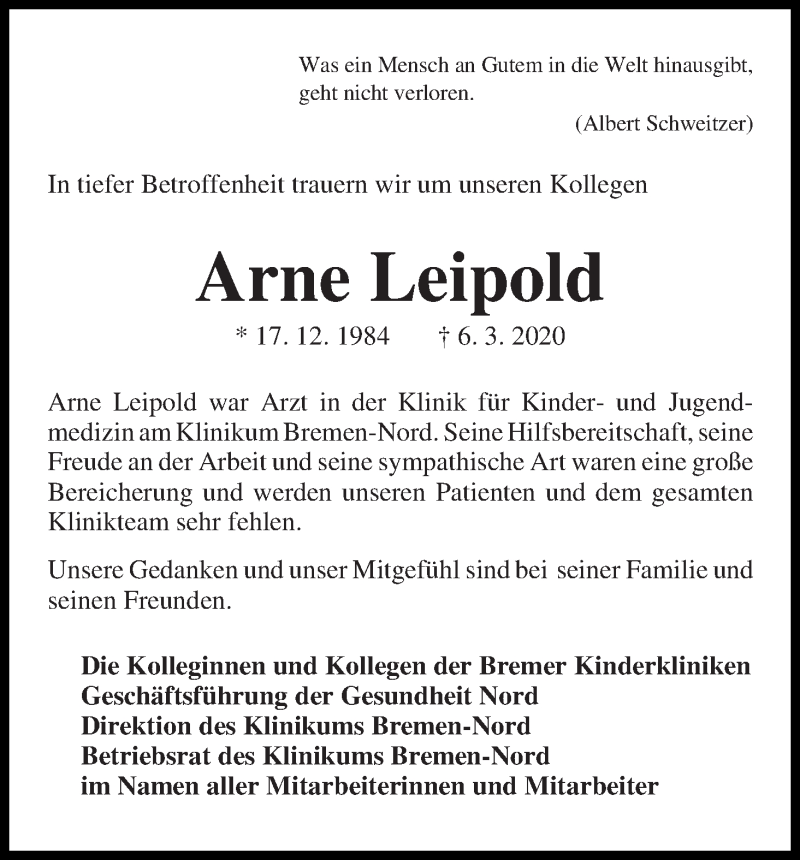  Traueranzeige für Arne Leipold vom 21.03.2020 aus WESER-KURIER
