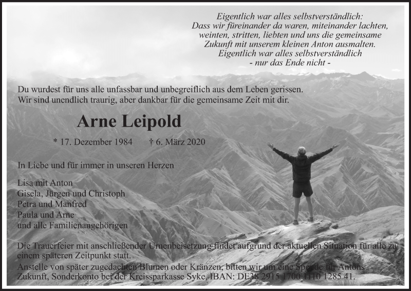  Traueranzeige für Arne Leipold vom 21.03.2020 aus WESER-KURIER