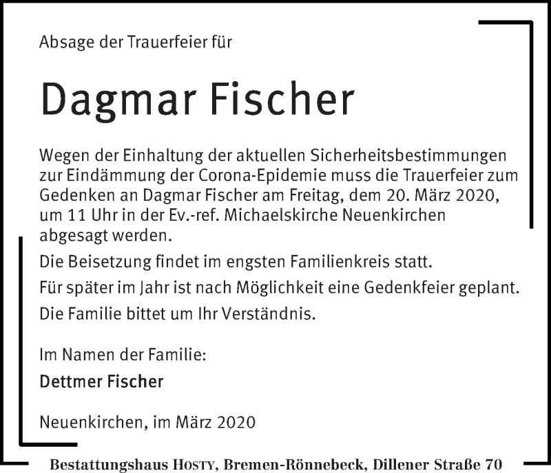 Traueranzeige von Dagmar Fischer von Die Norddeutsche