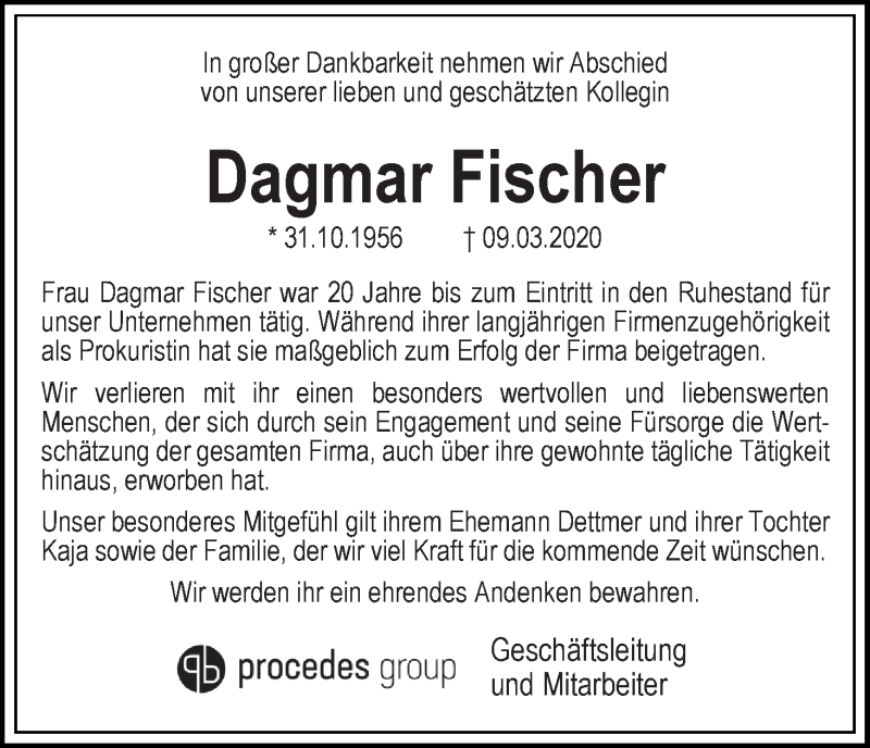 Traueranzeige von Dagmar Fischer von Die Norddeutsche