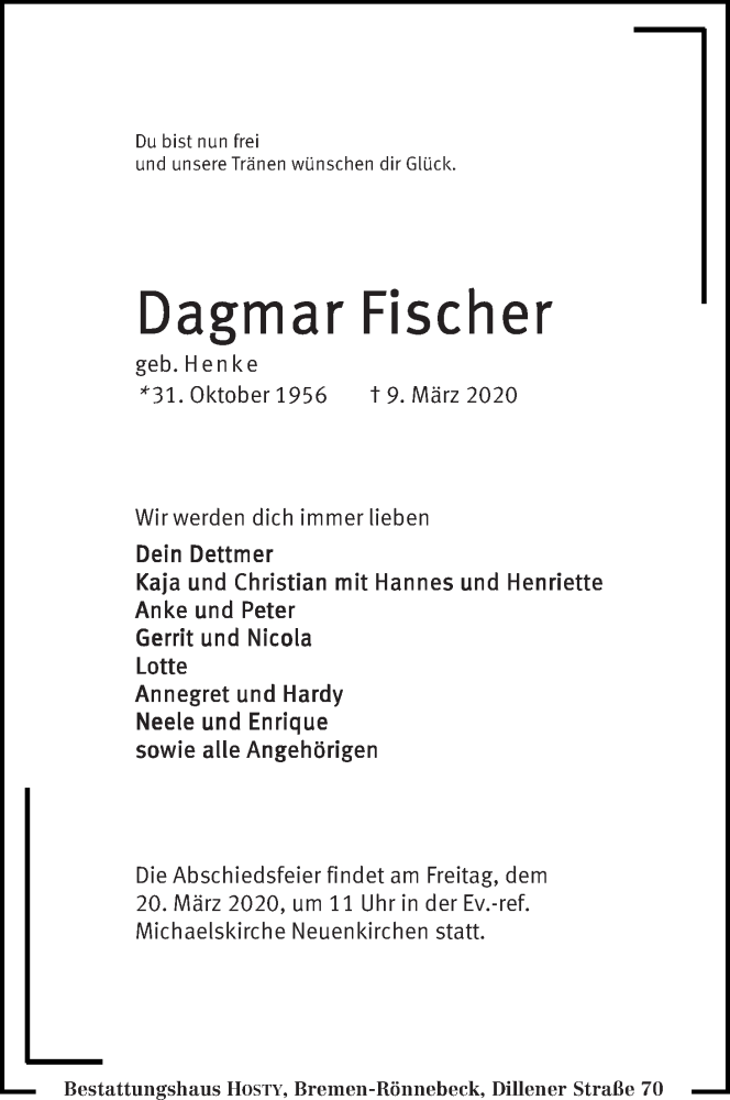  Traueranzeige für Dagmar Fischer vom 14.03.2020 aus Die Norddeutsche