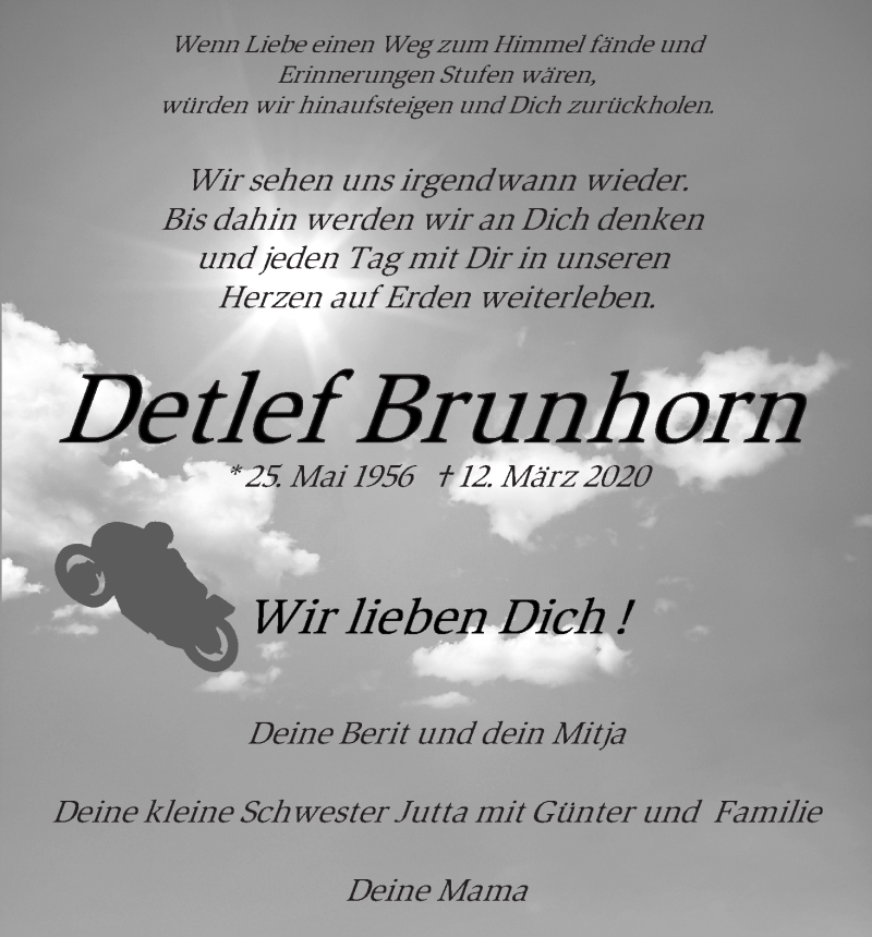  Traueranzeige für Detlef Brunhorn vom 28.03.2020 aus Die Norddeutsche