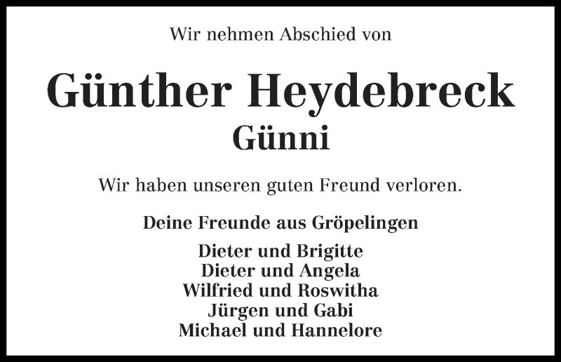  Traueranzeige für Günther Heydebreck vom 21.03.2020 aus WESER-KURIER