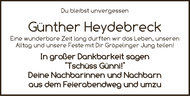  Traueranzeige für Günther Heydebreck vom 25.03.2020 aus WESER-KURIER