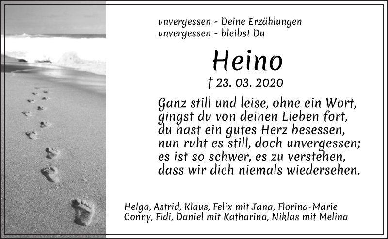  Traueranzeige für Heino Schumacher vom 28.03.2020 aus WESER-KURIER