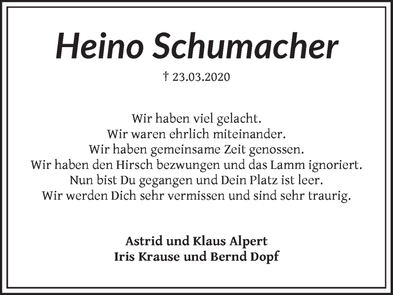  Traueranzeige für Heino Schumacher vom 28.03.2020 aus WESER-KURIER