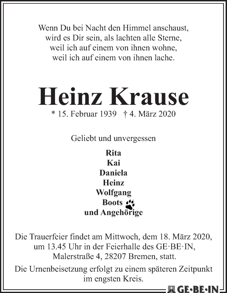  Traueranzeige für Heinz Krause vom 14.03.2020 aus WESER-KURIER