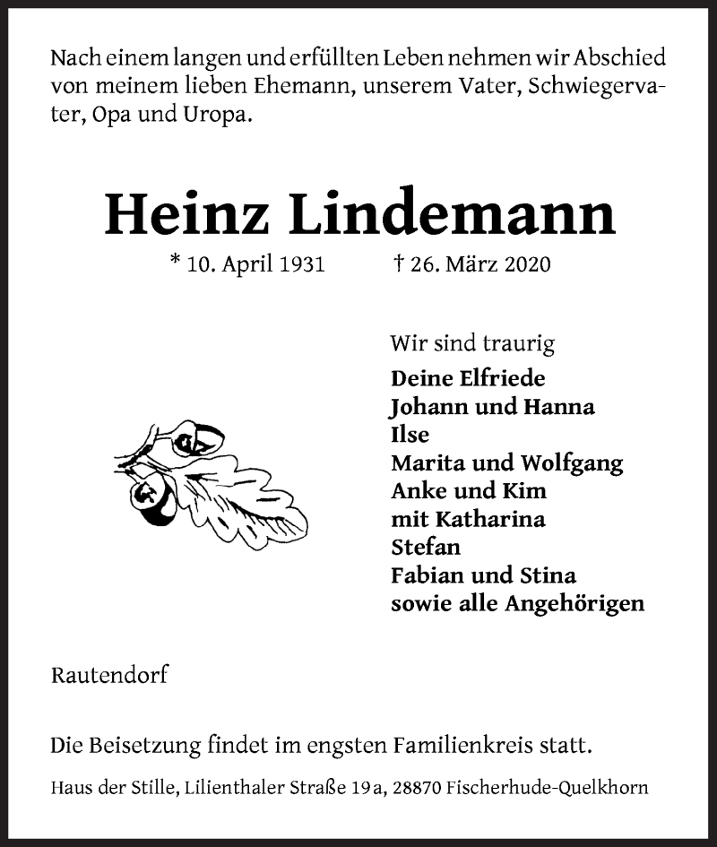  Traueranzeige für Heinz Lindemann vom 31.03.2020 aus Osterholzer Kreisblatt