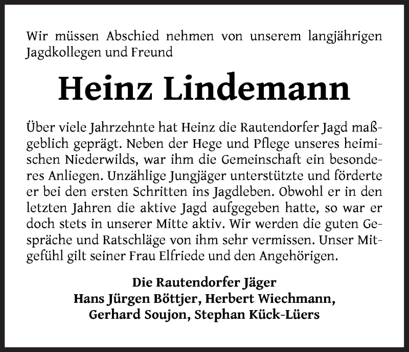  Traueranzeige für Heinz Lindemann vom 31.03.2020 aus Wuemme Zeitung