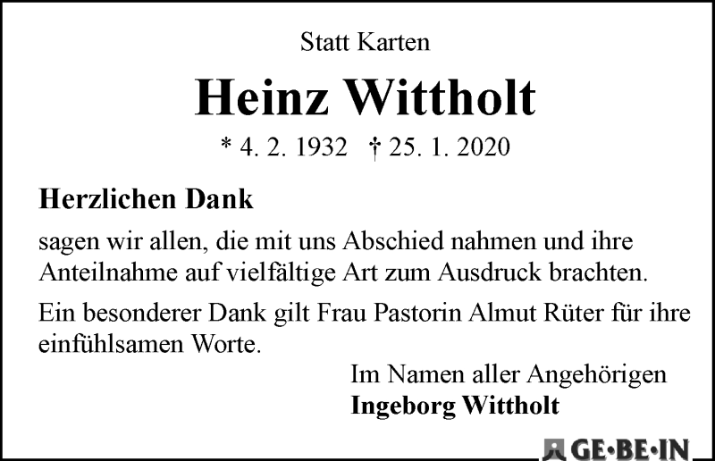  Traueranzeige für Heinz Wittholt vom 07.03.2020 aus WESER-KURIER