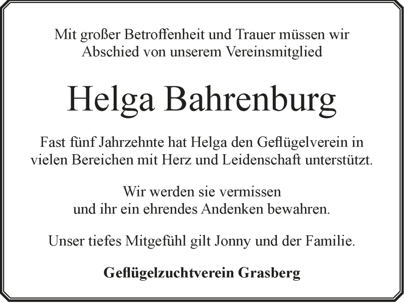 Traueranzeige von Helga Bahrenburg von Wuemme Zeitung