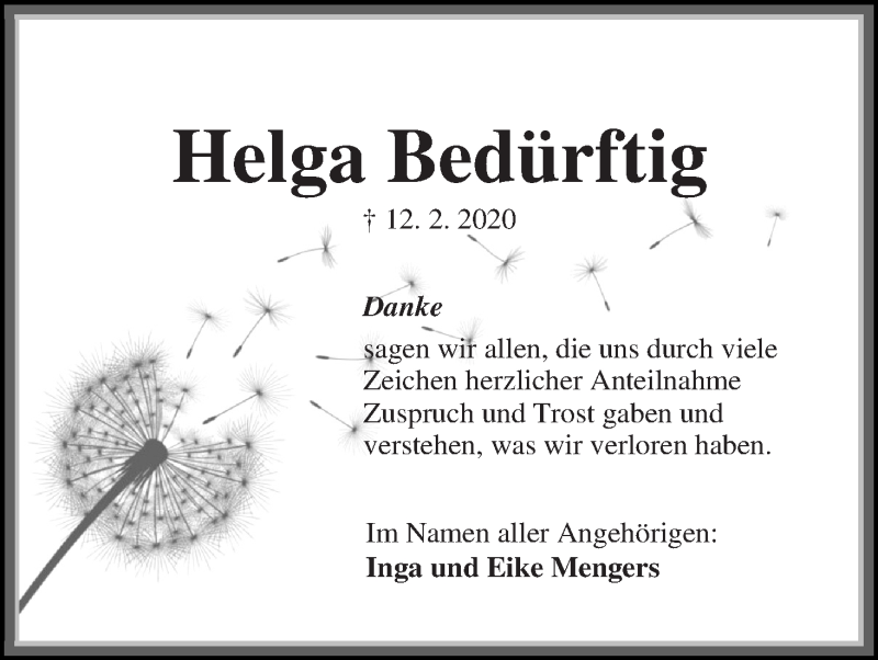  Traueranzeige für Helga Bedürftig vom 21.03.2020 aus Die Norddeutsche