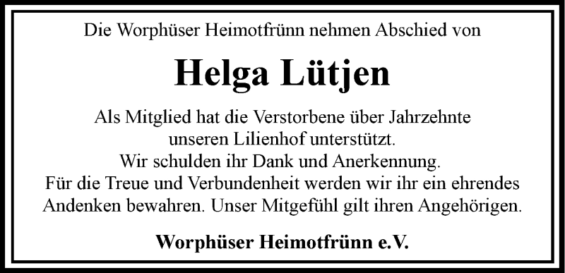  Traueranzeige für Helga Lütjen vom 21.03.2020 aus Wuemme Zeitung