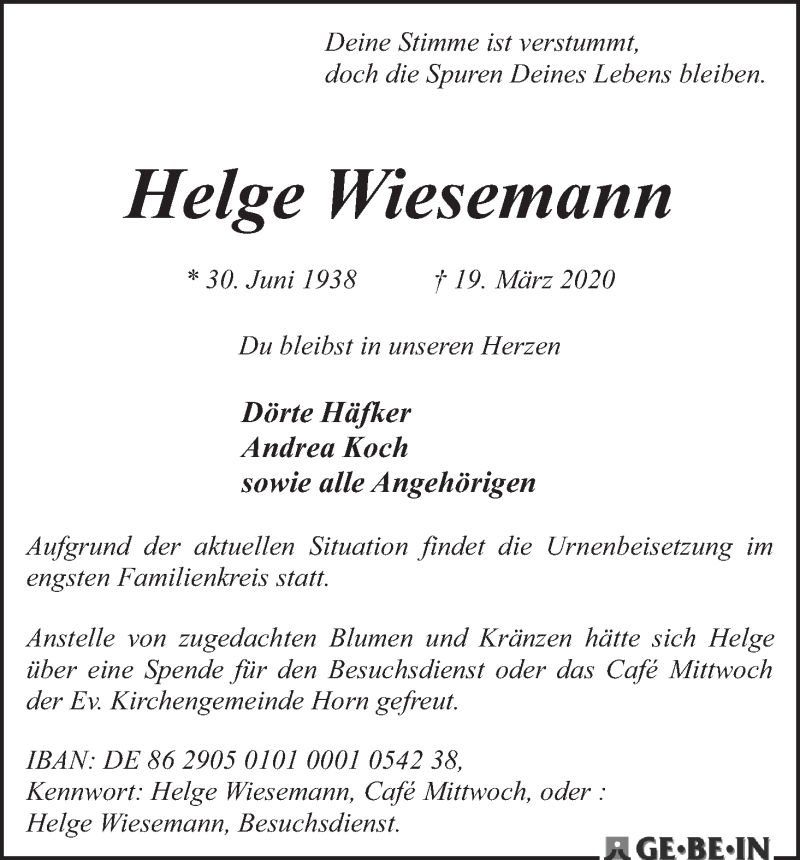 Traueranzeige von Helge Wiesemann von WESER-KURIER