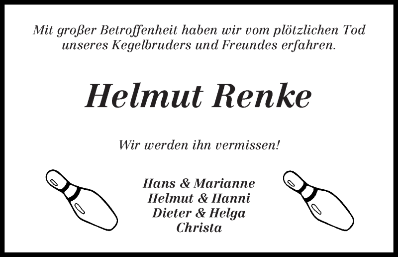  Traueranzeige für Helmut Renke vom 21.03.2020 aus Wuemme Zeitung