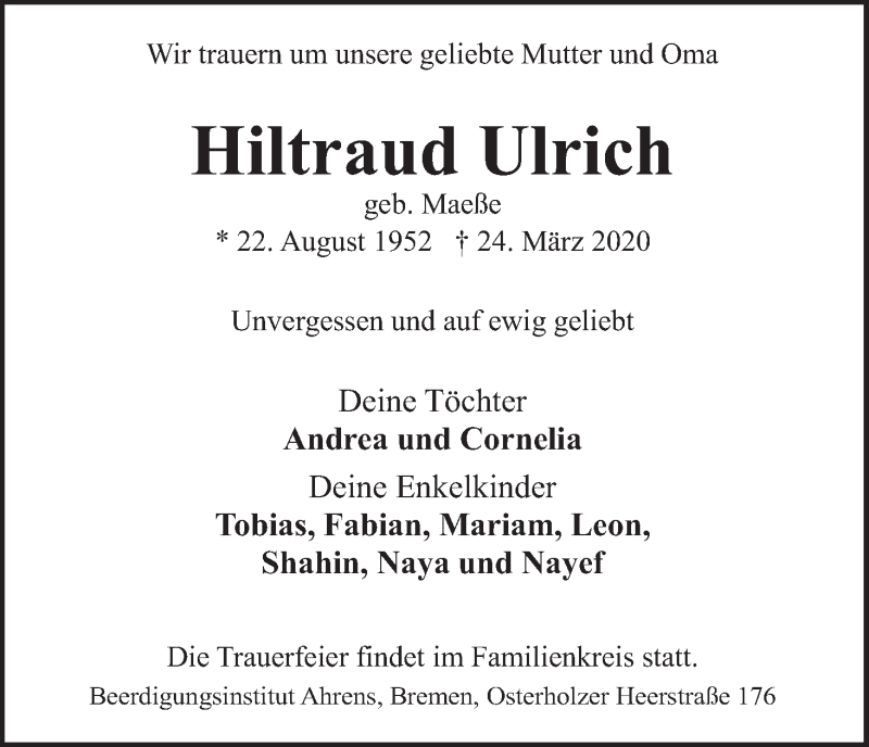  Traueranzeige für Hiltraud Ulrich vom 28.03.2020 aus WESER-KURIER