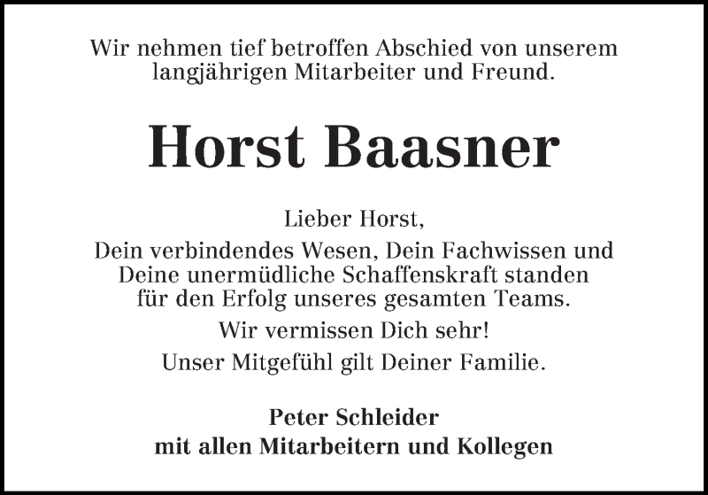  Traueranzeige für Horst Baasner vom 21.03.2020 aus WESER-KURIER