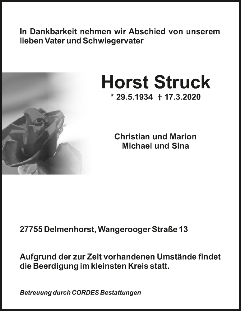 Traueranzeige von Horst Struck von WESER-KURIER