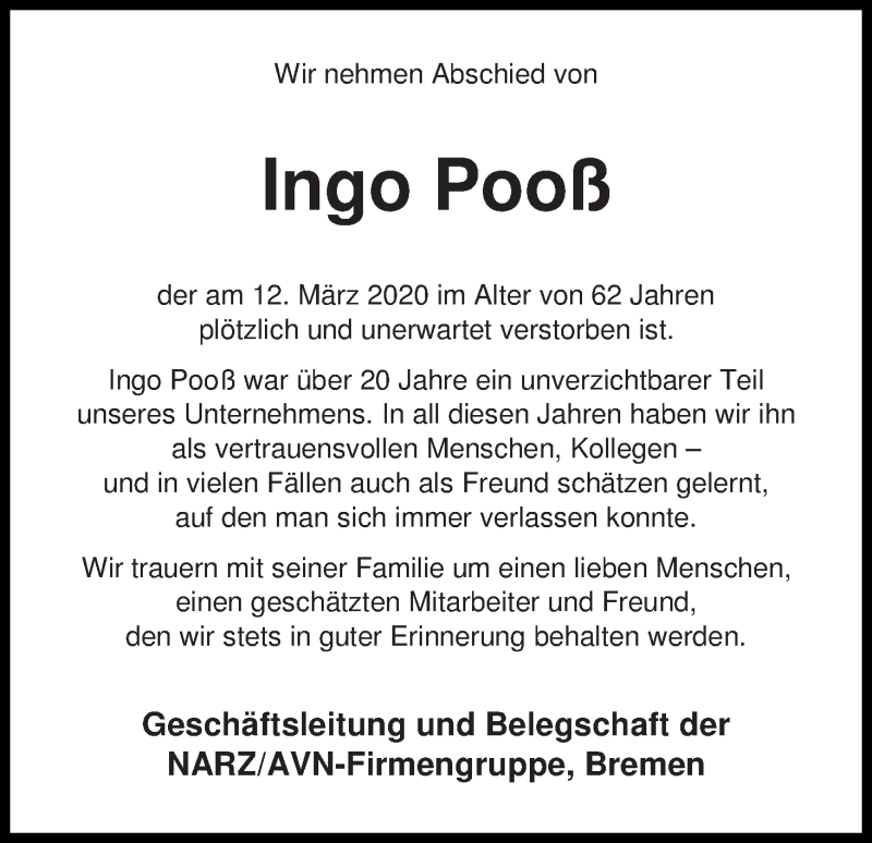  Traueranzeige für Ingo Pooß vom 21.03.2020 aus WESER-KURIER