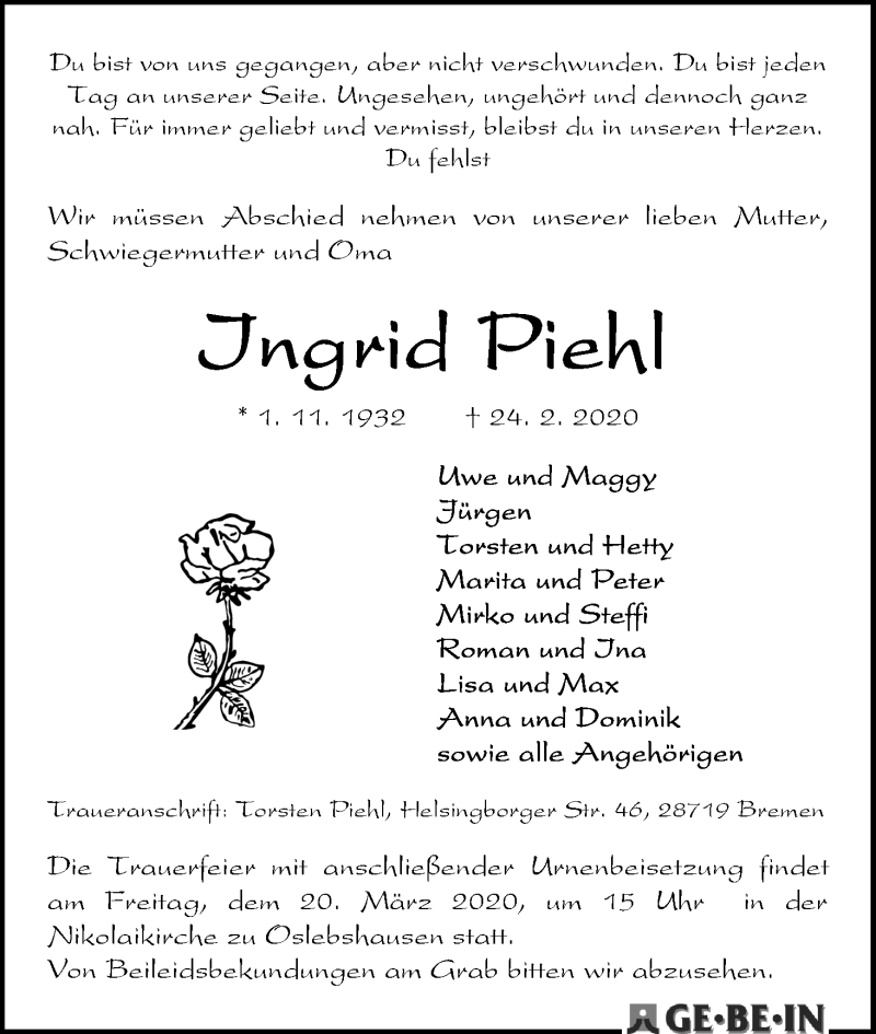  Traueranzeige für Ingrid Piehl vom 14.03.2020 aus WESER-KURIER