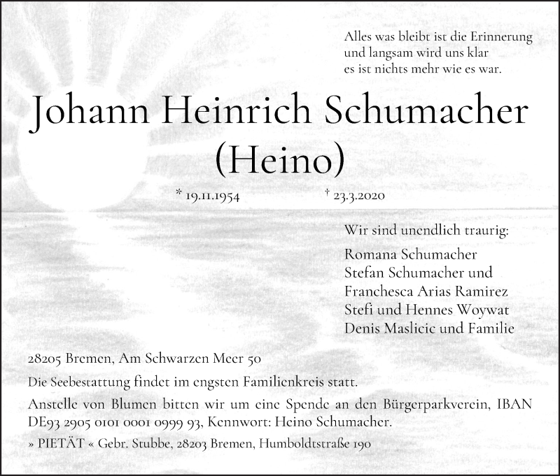  Traueranzeige für Johann Heinrich (Heino) Schumacher vom 28.03.2020 aus WESER-KURIER
