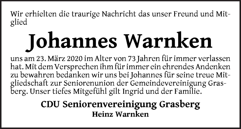  Traueranzeige für Johannes Warnken vom 28.03.2020 aus Wuemme Zeitung