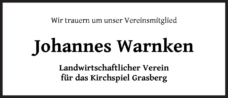  Traueranzeige für Johannes Warnken vom 31.03.2020 aus Wuemme Zeitung