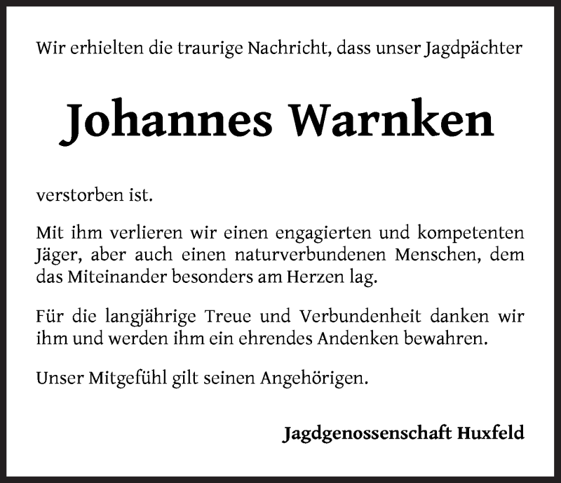  Traueranzeige für Johannes Warnken vom 28.03.2020 aus Wuemme Zeitung