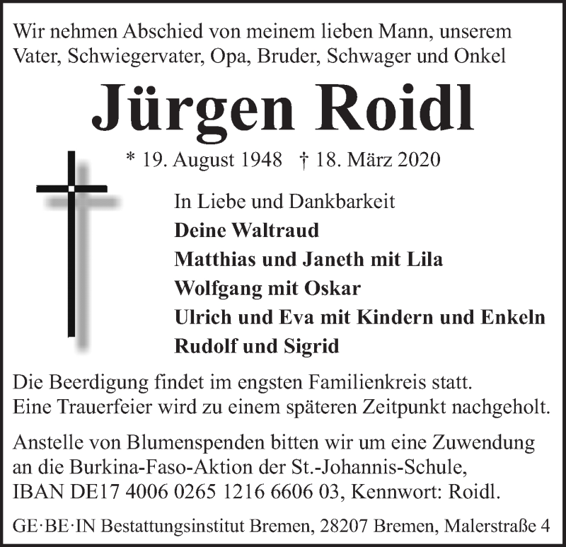  Traueranzeige für Jürgen Roidl vom 28.03.2020 aus WESER-KURIER