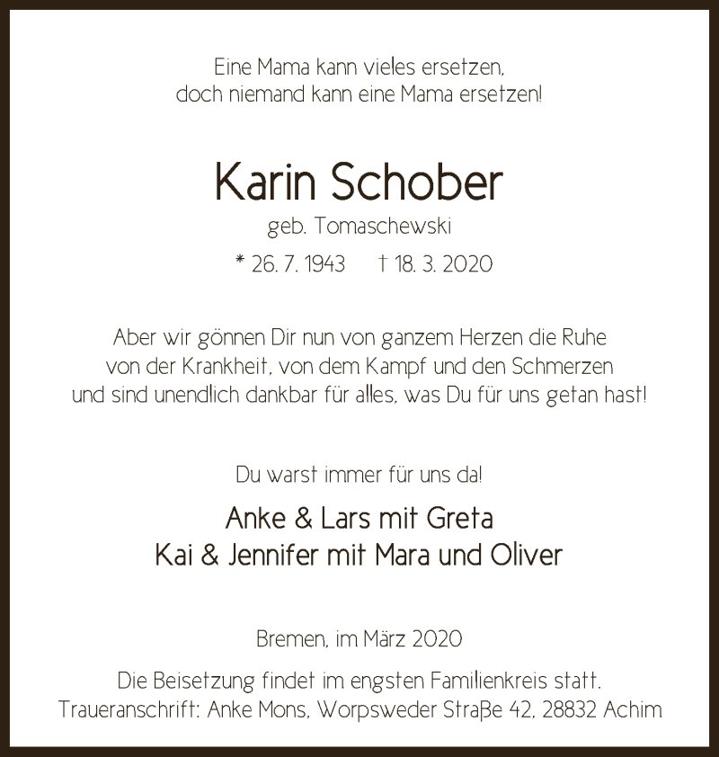  Traueranzeige für Karin Schober vom 21.03.2020 aus WESER-KURIER
