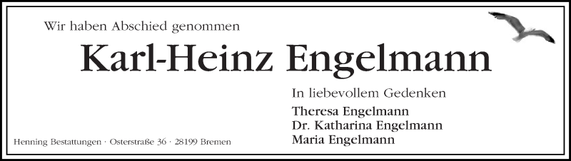  Traueranzeige für Karl-Heinz Engelmann vom 07.03.2020 aus WESER-KURIER