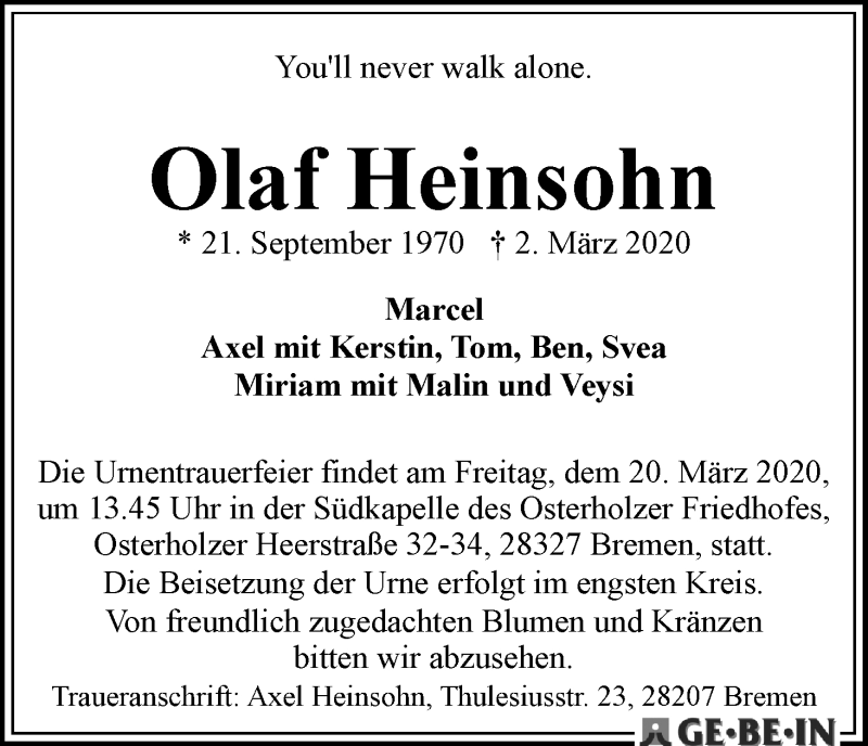  Traueranzeige für Olaf Heinsohn vom 14.03.2020 aus WESER-KURIER