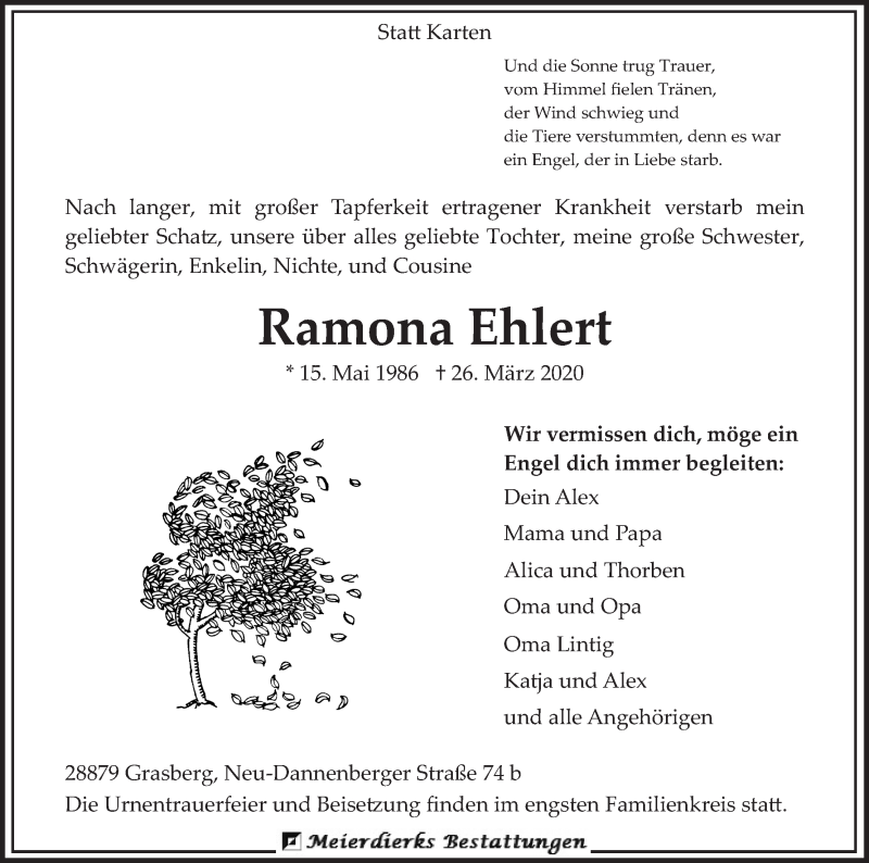  Traueranzeige für Ramona Ehlert vom 31.03.2020 aus Wuemme Zeitung