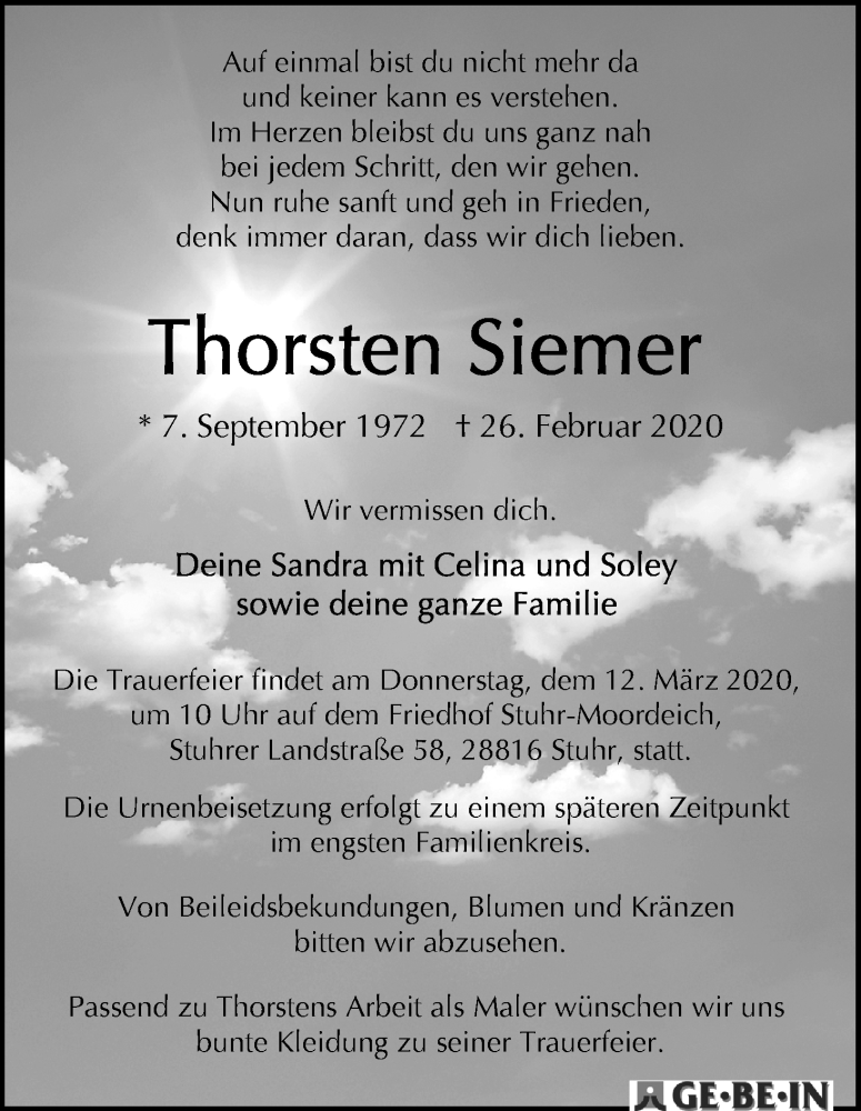  Traueranzeige für Thorsten Siemer vom 07.03.2020 aus WESER-KURIER