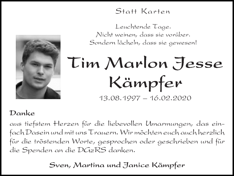 Traueranzeige für Tim Marlon Jesse Kämpfer vom 21.03.2020 aus WESER-KURIER