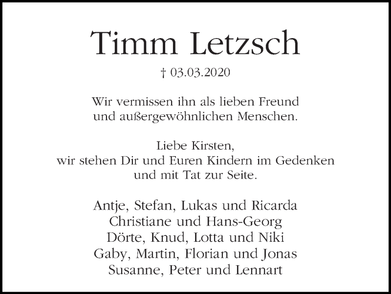  Traueranzeige für Timm Letzsch vom 14.03.2020 aus WESER-KURIER