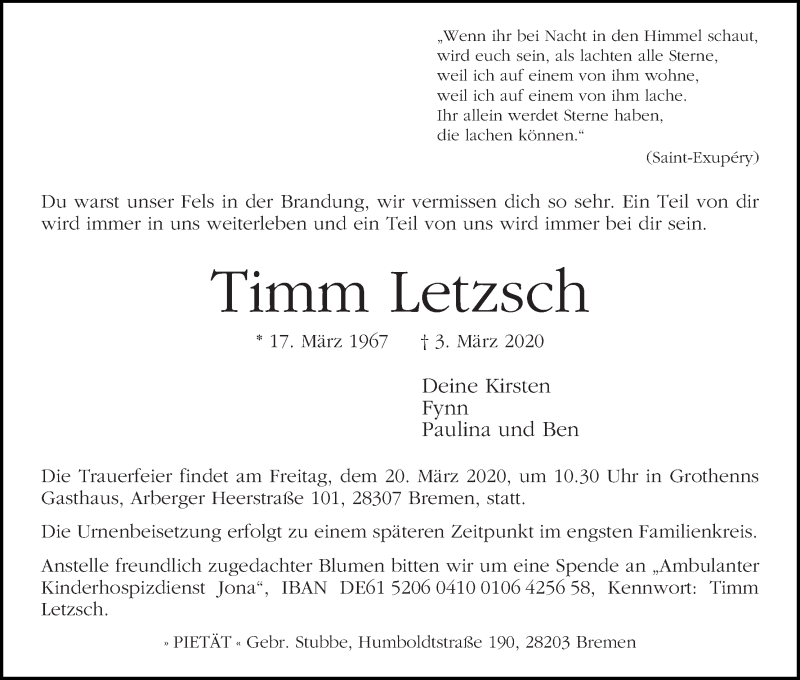  Traueranzeige für Timm Letzsch vom 14.03.2020 aus WESER-KURIER