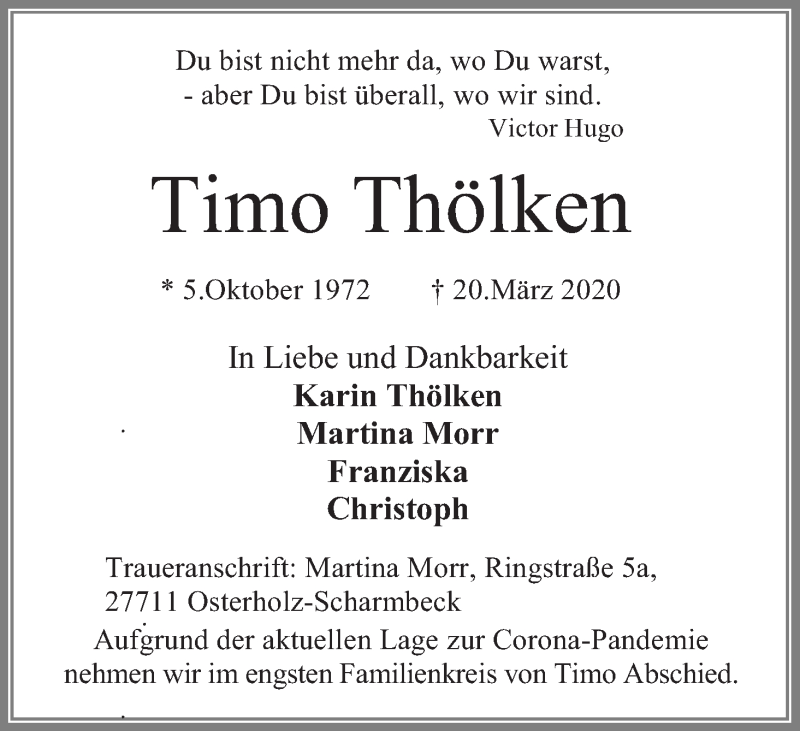  Traueranzeige für Timo Thölken vom 30.03.2020 aus Osterholzer Kreisblatt