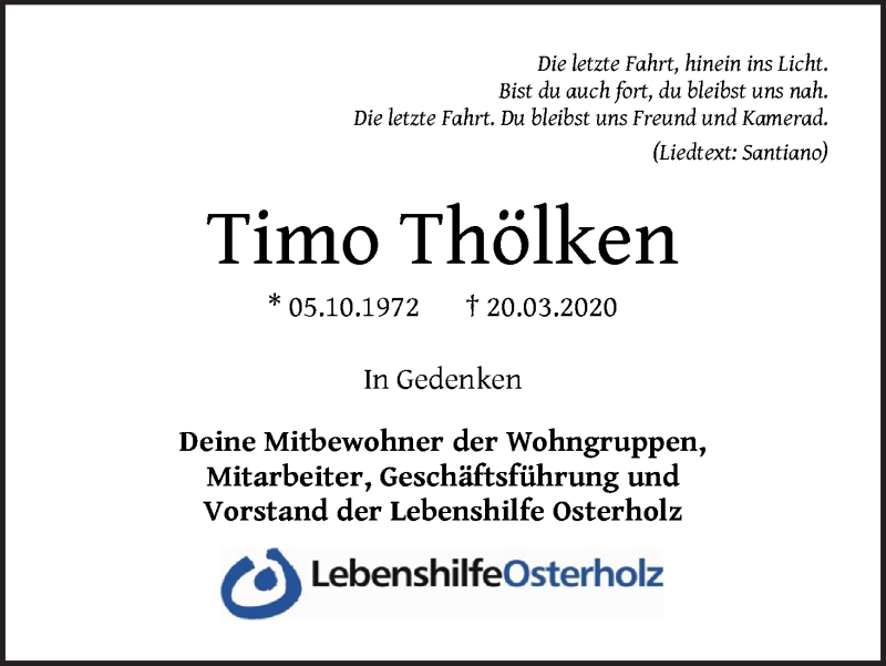  Traueranzeige für Timo Thölken vom 30.03.2020 aus Osterholzer Kreisblatt