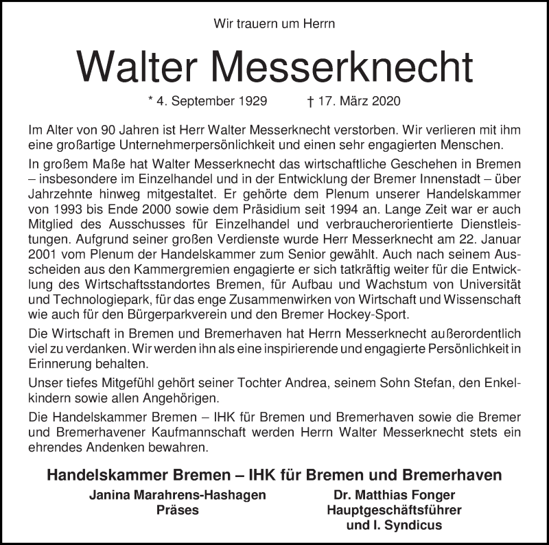  Traueranzeige für Walter Messerknecht vom 21.03.2020 aus WESER-KURIER