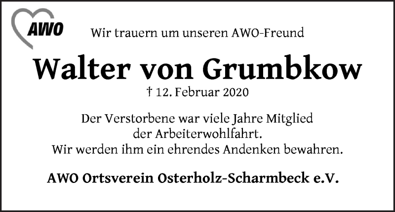 Traueranzeige für Walter  von Grumbkow vom 31.03.2020 aus Osterholzer Kreisblatt