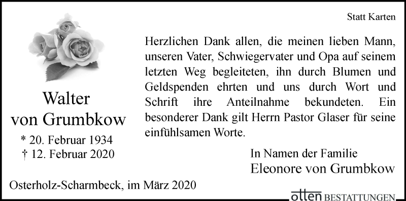  Traueranzeige für Walter  von Grumbkow vom 14.03.2020 aus Osterholzer Kreisblatt