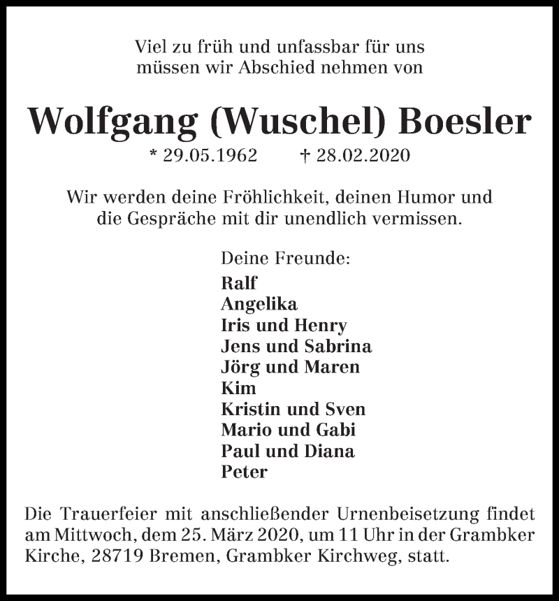  Traueranzeige für Wolfgang  Boesler vom 21.03.2020 aus Die Norddeutsche