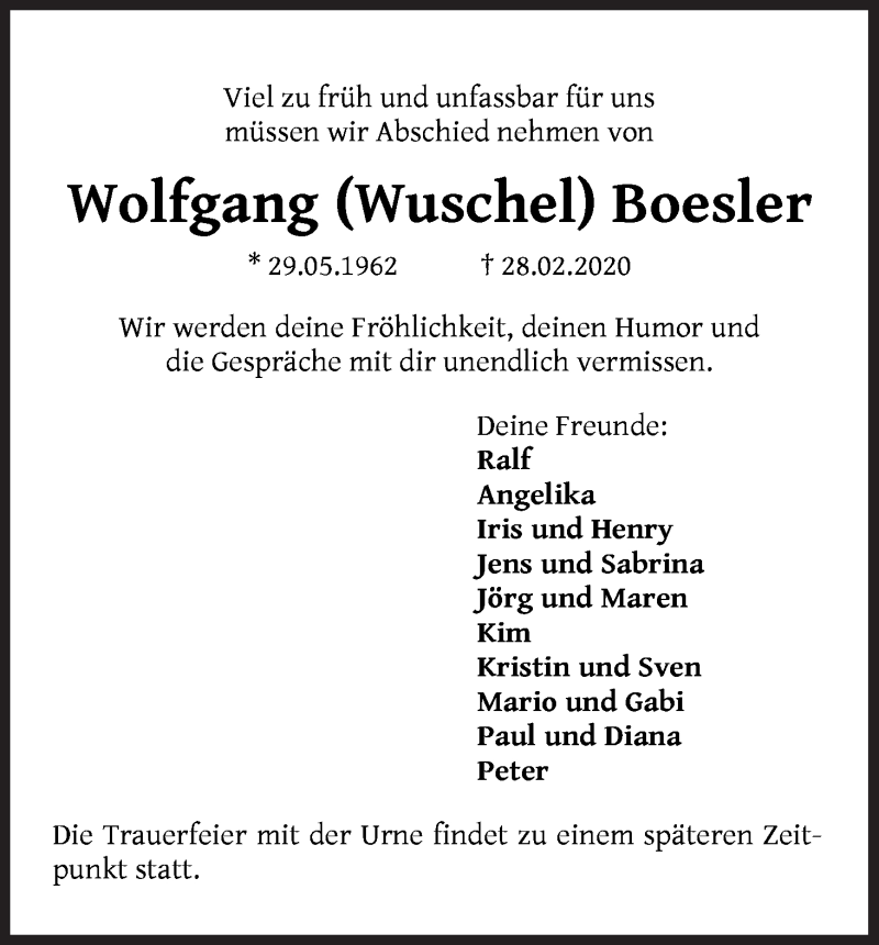  Traueranzeige für Wolfgang  Boesler vom 25.03.2020 aus Die Norddeutsche